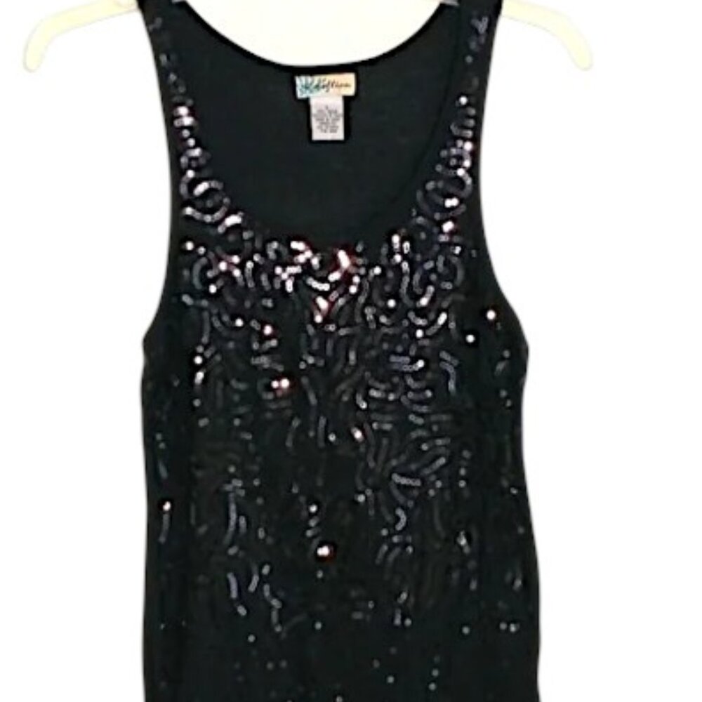 Rebellion Shimmy Sequin Front Tank Top Wmn's Sz L Black Stretch Knit Scoop Neck - Picture 4 of 11